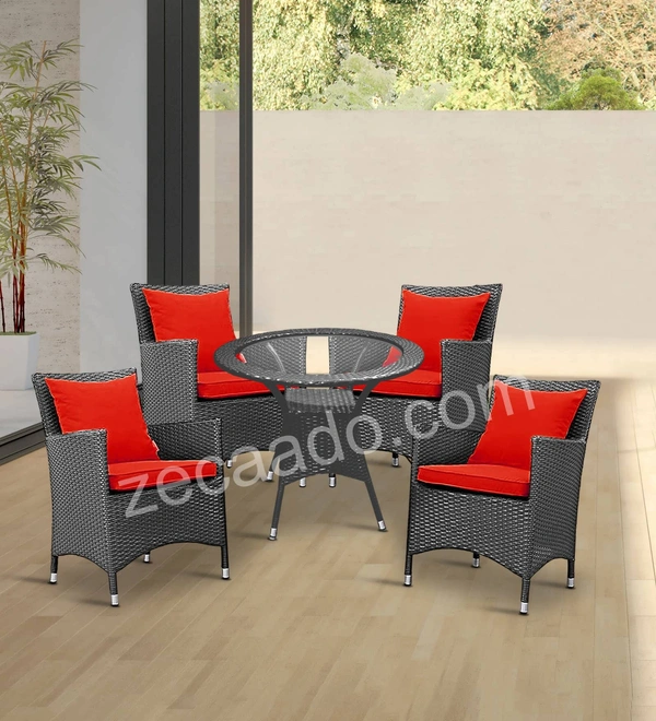 Zecado Elvis 4 Seater Wicker Lawn Chair Set in Grey Corduroy Finish with Red Cushions - Grey, Red