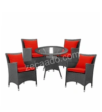 Zecado Elvis 4 Seater Wicker Lawn Chair Set in Grey Corduroy Finish with Red Cushions - Grey, Red