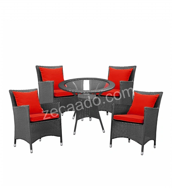 Zecado Elvis 4 Seater Wicker Lawn Chair Set in Grey Corduroy Finish with Red Cushions - Grey, Red
