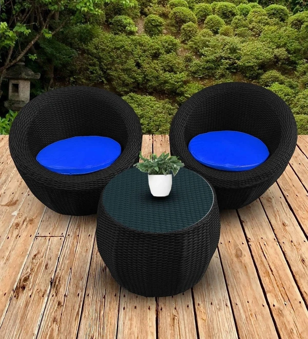 Zecado Fortune 2 Seater Outdoor Patio Set in Black Corduroy Finish with Blue Cushion - Black, Blue