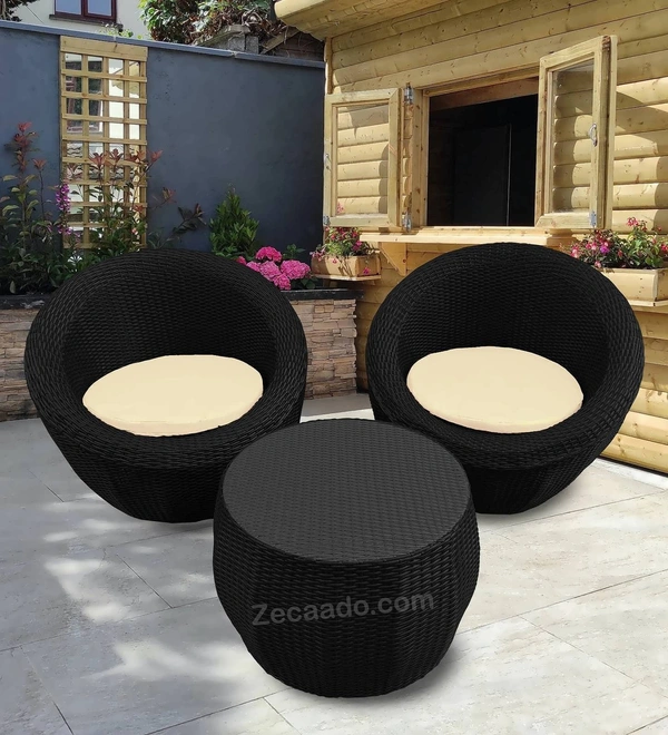 Zecado Fortune 2 Seater Outdoor Patio Set in Black Corduroy Finish with Cream Cushion - Black, Off-White