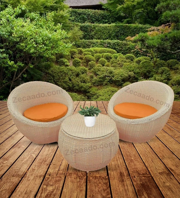 Zecado Fortune 2 Seater Outdoor Patio Set in Fawn & Black Corduroy Finish with Orange Cushion - Fawn & Black Orange