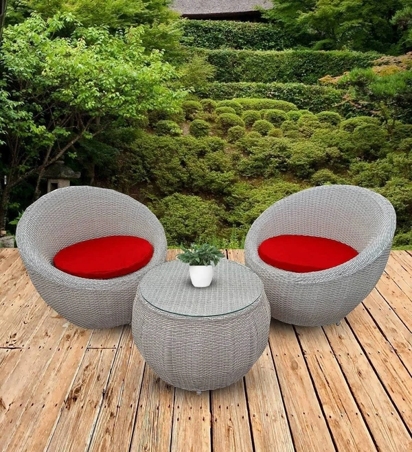 Zecado Fortune 2 Seater Outdoor Patio Set in White Black Corduroy Finish with Red Cushion - White & Black, Red