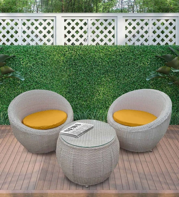 Zecado Fortune 2 Seater Outdoor Patio Set in White Black Corduroy Finish with Yellow Cushion - White & Black, Yellow