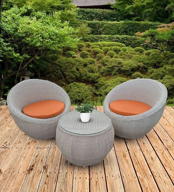 Zecado Fortune 2 Seater Outdoor Patio Set in White Black Corduroy Finish with Orange Cushion - White & Black, Orange