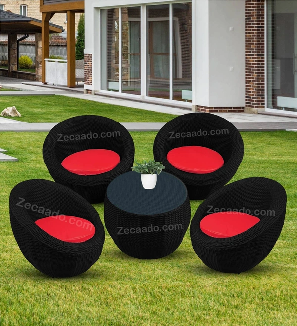 Zecado Fortune 4 Seater Outdoor Patio Set in Black Corduroy Finish with Red Cushion - Black, Red