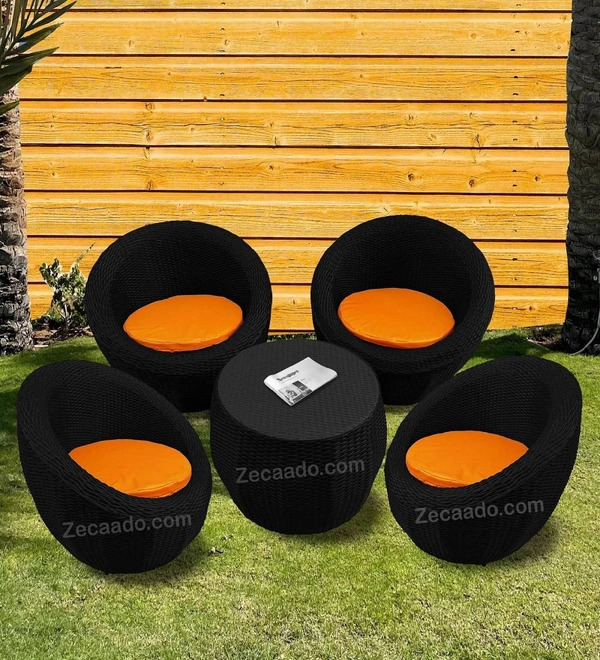 Zecado Fortune 4 Seater Outdoor Patio Set in Black Corduroy Finish with Orange Cushion - Black, Orange