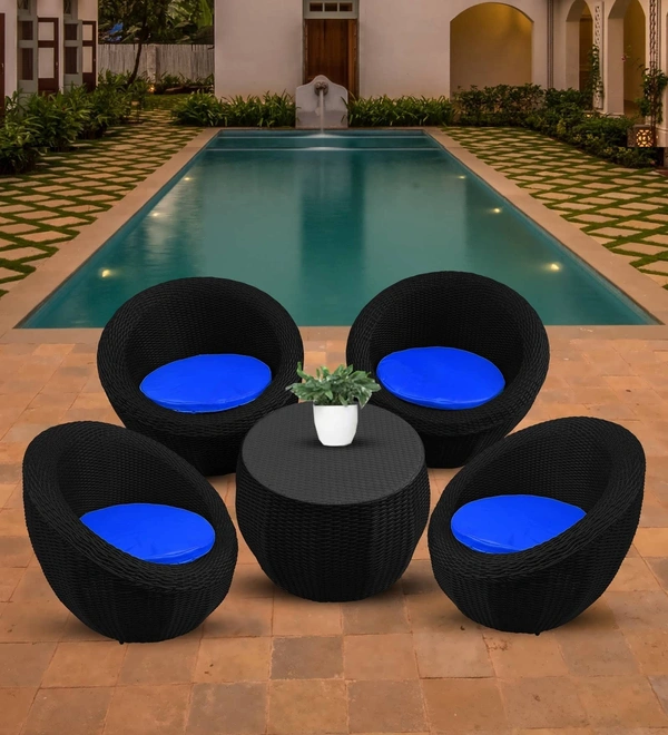 Zecado Fortune 4 Seater Outdoor Patio Set in Black Corduroy Finish with Blue Cushion - Black, Blue