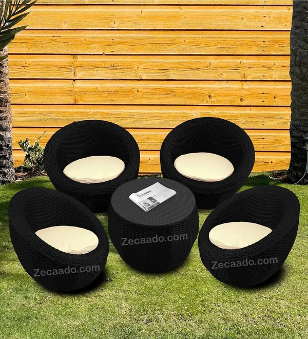 Zecado Fortune 4 Seater Outdoor Patio Set in Black Corduroy Finish with Cream Cushion - Black, Off-White