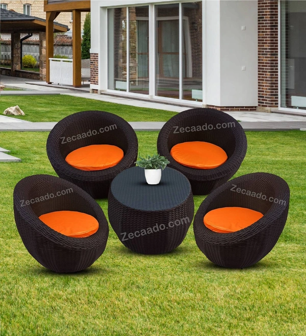 Zecado Fortune 4 Seater Outdoor Patio Set in Brown Corduroy Finish with Orange Cushion - Brown, Orange