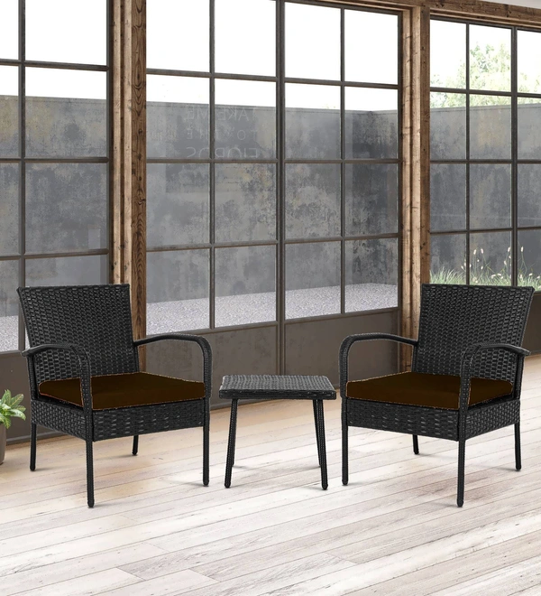 Zecado Haven 2 Seater Wicker Lawn Chair Set in Black Corduroy Finish with Brown Cushions - Black, Brown