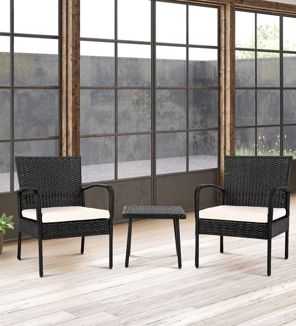 Zecado Haven 2 Seater Wicker Lawn Chair Set in Black Corduroy Finish with Off-White Cushions - Black, Off-White
