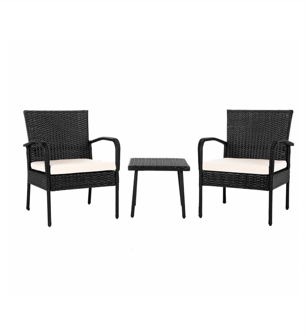 Zecado Haven 2 Seater Wicker Lawn Chair Set in Black Corduroy Finish with Off-White Cushions - Black, Off-White