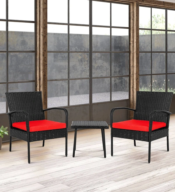 Zecado Haven 2 Seater Wicker Lawn Chair Set in Black Corduroy Finish with Red Cushions - Black, Red