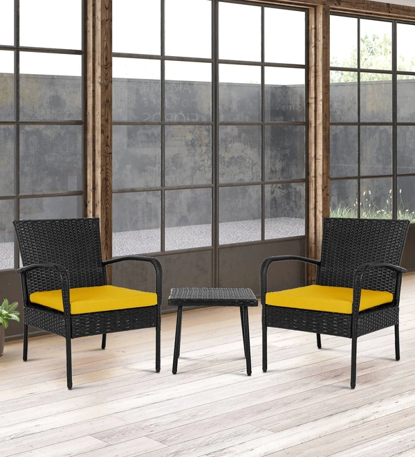 Zecado Haven 2 Seater Wicker Lawn Chair Set in Black Corduroy Finish with Yellow Cushions - Black, Yellow