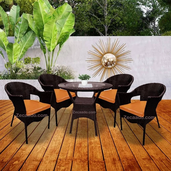 Zecado Jazz 4 Seater Patio Dining Set with Orange Cushions in Brown Corduroy Finish - Brown, Orange