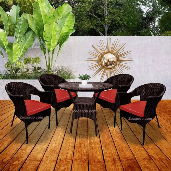 Zecado Jazz 4 Seater Patio Dining Set with Red Cushions in Brown Corduroy Finish - Brown, Red