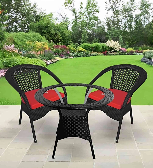 Zecado Joy 2 Seater Patio Coffee Table with Red Cushions in Black Corduroy Finish - Black
