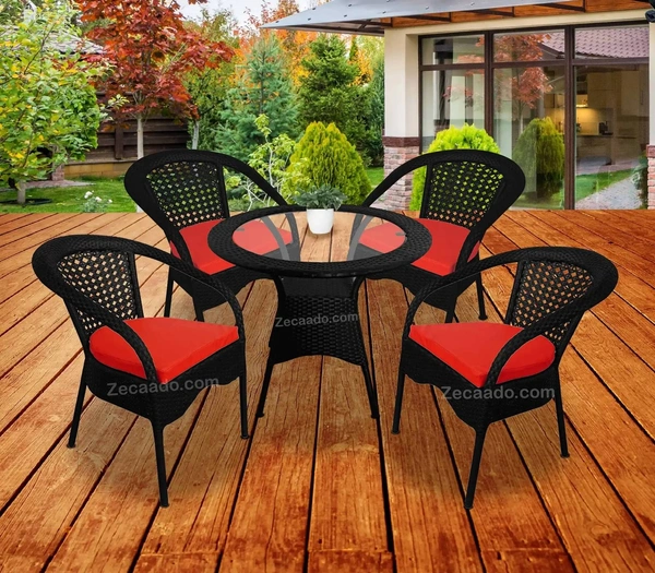 Zecado Joy 4 Seater Patio Coffee Table with Red Cushions in Black Corduroy Finish - Black