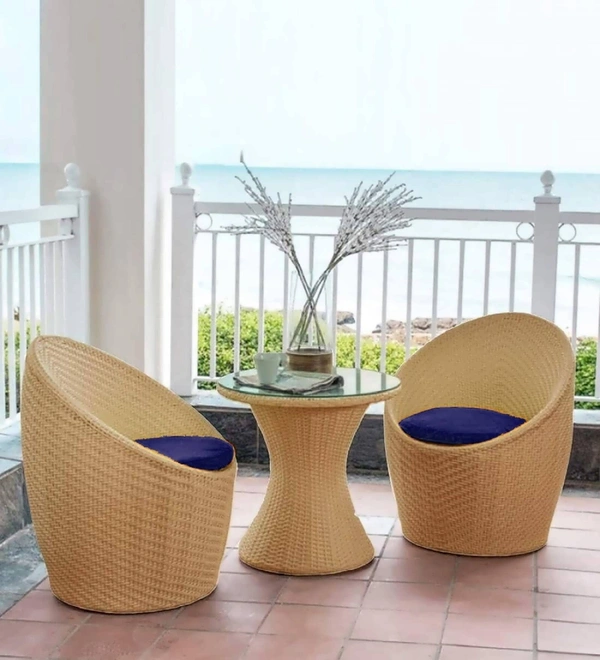 Zecado Nest 2 Seater Patio Coffee Table with Blue Cushions in Fawn Corduroy Finish - Fawn, Blue