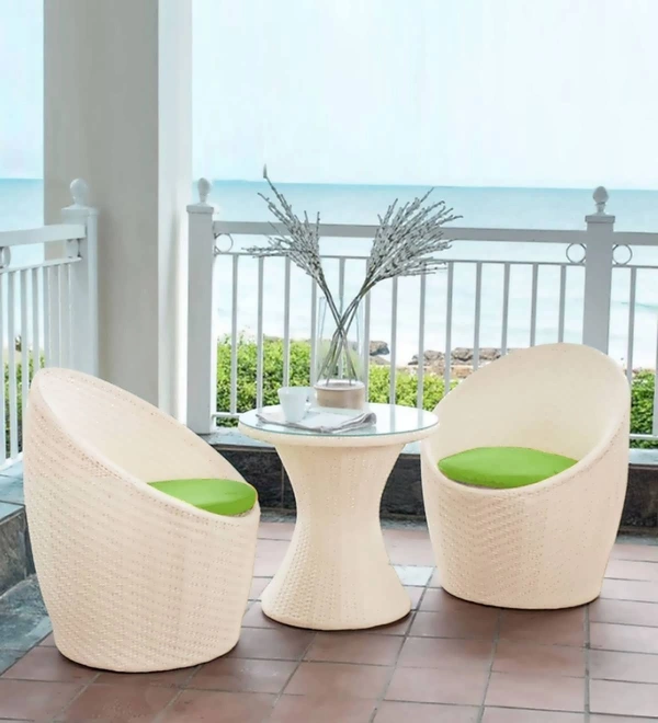 Zecado Nest 2 Seater Patio Coffee Table with Green Cushions in Off-White Corduroy Finish - Off-White, Green