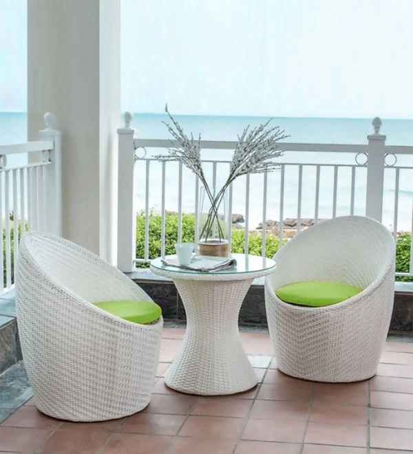 Zecado Nest 2 Seater Patio Coffee Table with Green Cushions in White Corduroy Finish - White, Green