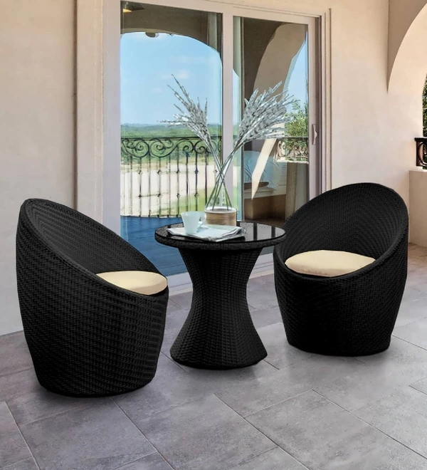 Zecado Nest 2 Seater Patio Coffee Table with Off-White Cushions in Black Corduroy Finish - Black, Off-White