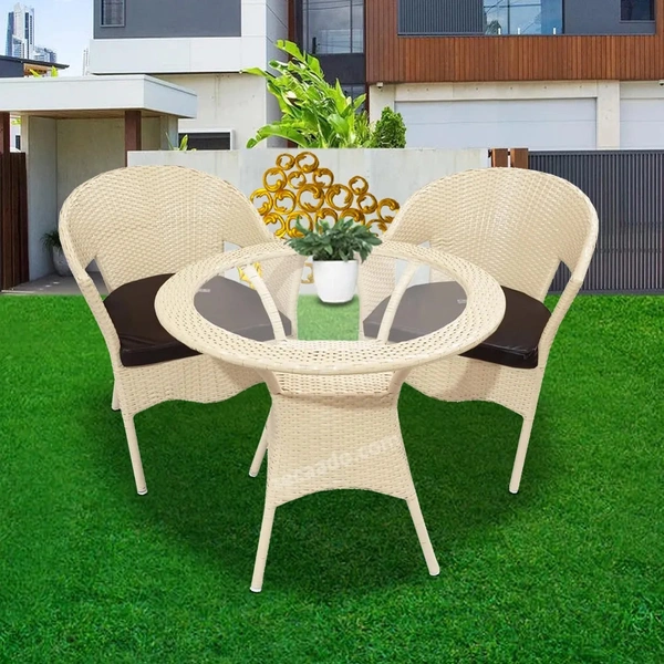 Zecado Opera 2 Seater Patio Dining Set with Brown Cushions in Off-White Corduroy Finish - Off-White, Brown