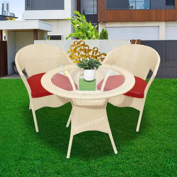 Zecado Opera 2 Seater Patio Dining Set with Red Cushions in Off-White Corduroy Finish - Off-White, Red