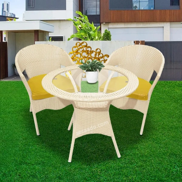 Zecado Opera 2 Seater Patio Dining Set with Yellow Cushions in Off-White Corduroy Finish - Off-White, Yellow