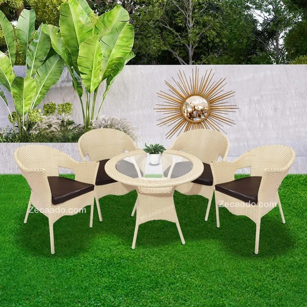 Zecado Opera 4 Seater Patio Dining Set with Brown Cushions in Off-White Corduroy Finish - Off-White, Brown