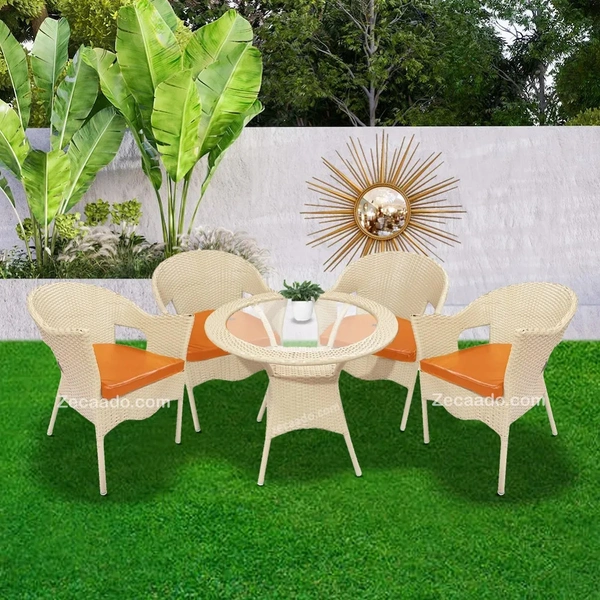Zecado Opera 4 Seater Patio Dining Set with Orange Cushions in Off-White Corduroy Finish - Off-White, Orange