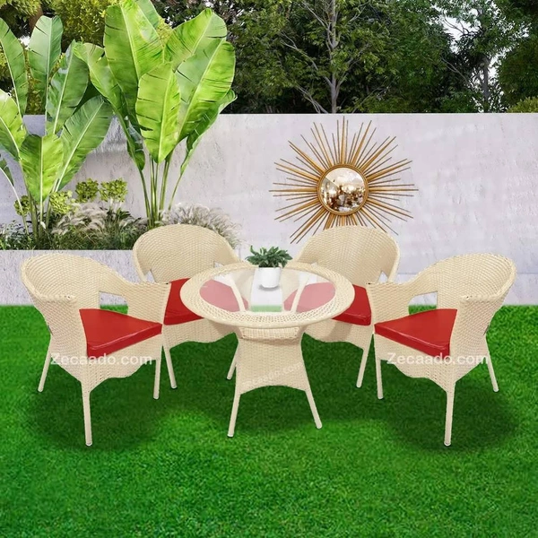Zecado Opera 4 Seater Patio Dining Set with Red Cushions in Off-White Corduroy Finish - Off-White, Red