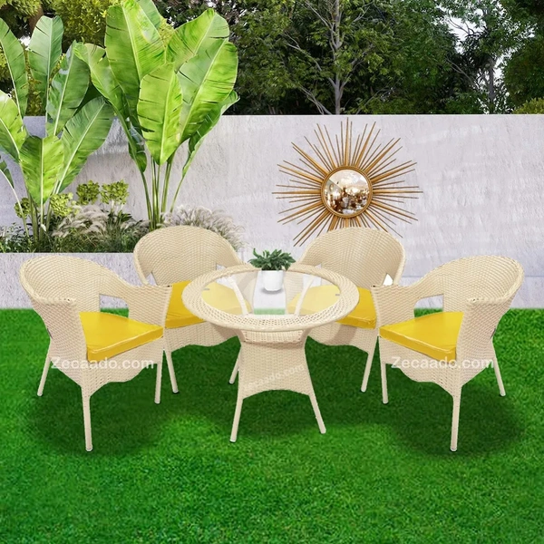 Zecado Opera 4 Seater Patio Dining Set with Yellow Cushions in Off-White Corduroy Finish - Off-White, Yellow