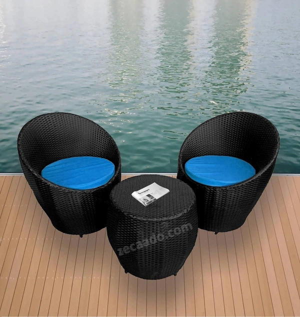 Zecado Ovate 2 Seater Patio Coffee Table with Blue Cushions in Black Corduroy Finish - Black, Blue