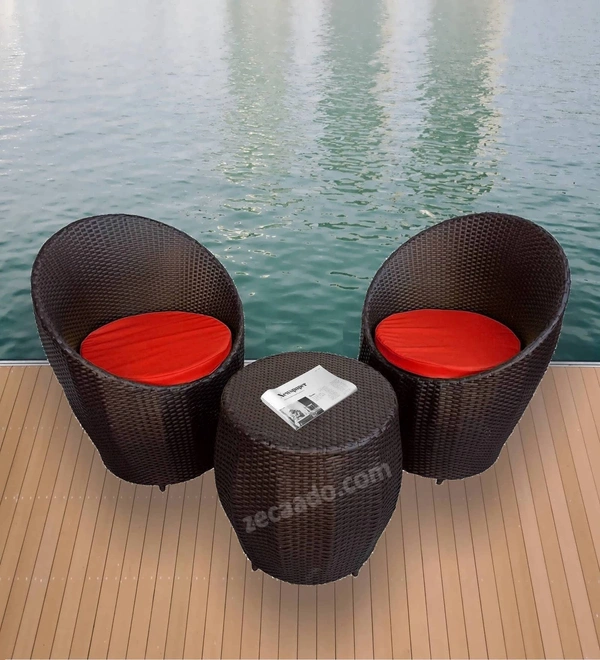 Zecado Ovate 2 Seater Patio Coffee Table with Red Cushions in Brown Corduroy Finish - Brown, Red