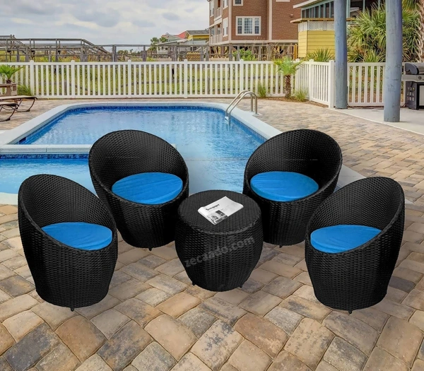 Zecado Ovate 4 Seater Patio Coffee Table with Blue Cushions in Black Corduroy Finish - Black, Blue