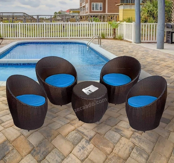 Zecado Ovate 4 Seater Patio Coffee Table with Blue Cushions in Brown Corduroy Finish - Brown, Blue