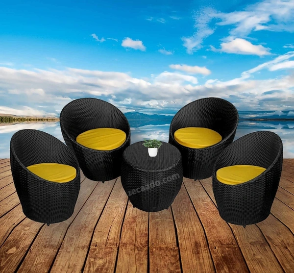 Zecado Ovate 4 Seater Patio Coffee Table with Yellow Cushions in Black Corduroy Finish - Black, Yellow
