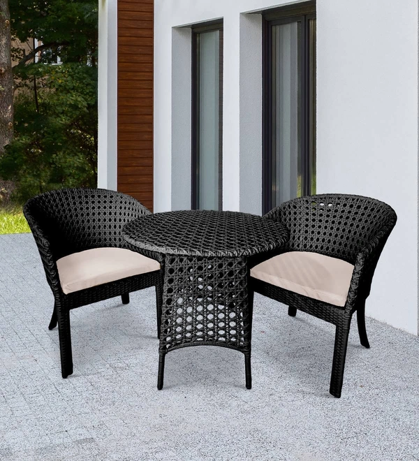Zecado Pavillion 2 Seater Cofee chair Set in Black Corduroy Finish with Off-White Cushions - Black, Off-White