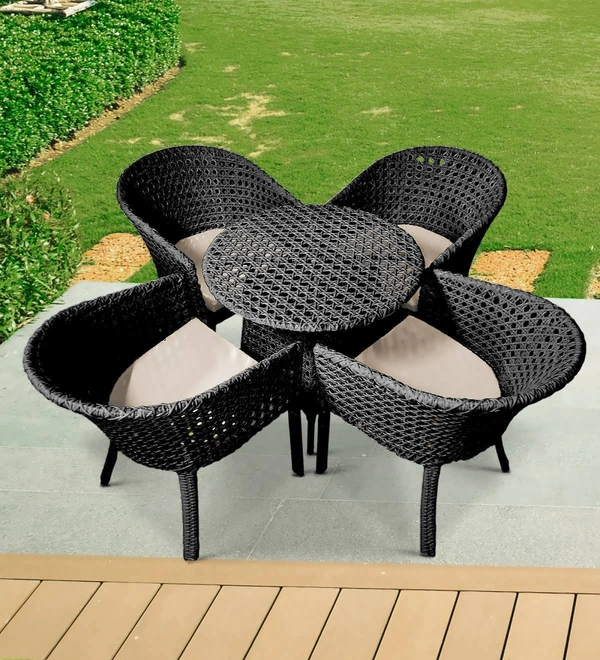Zecado Pavillion 4 Seater Cofee chair Set in Black Corduroy Finish with Off-White Cushions - Black, Off-White