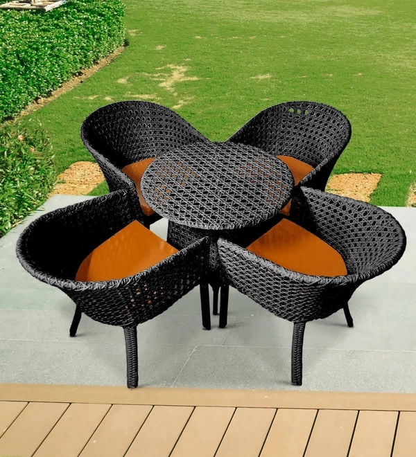 Zecado Pavillion 4 Seater Cofee chair Set in Black Corduroy Finish with Orange Cushions - Black, Orange