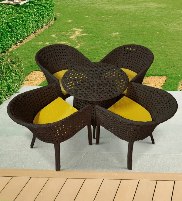 Zecado Pavillion 4 Seater Cofee chair Set in Brown Corduroy Finish with Yellow Cushions - Brown, Yellow