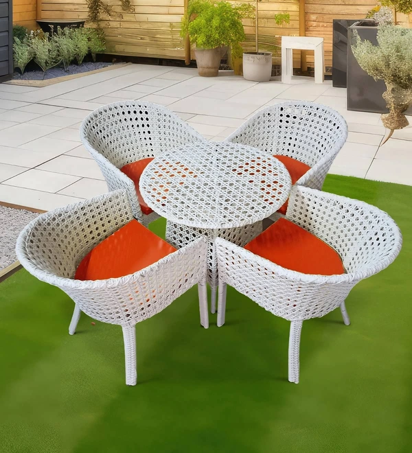 Zecado Pavillion 4 Seater Cofee chair Set in White Corduroy Finish with Red Cushions - White, Red