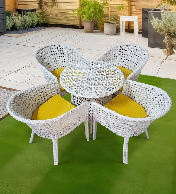 Zecado Pavillion 4 Seater Cofee chair Set in White Corduroy Finish with Yellow Cushions - White, Yellow