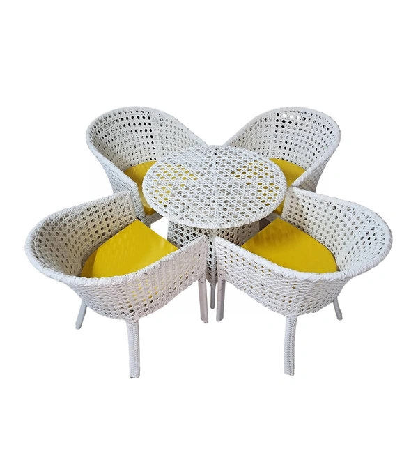 Zecado Pavillion 4 Seater Cofee chair Set in White Corduroy Finish with Yellow Cushions - White, Yellow