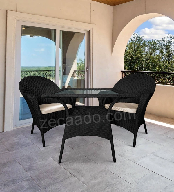 Zecado Pristine 2 Seater Wicker Lawn Chair Set in Black Corduroy Finish with Off-White Cushions - Black, Off-White