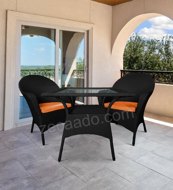 Zecado Pristine 2 Seater Wicker Lawn Chair Set in Black Corduroy Finish with Off-White Cushions - Black, Orange