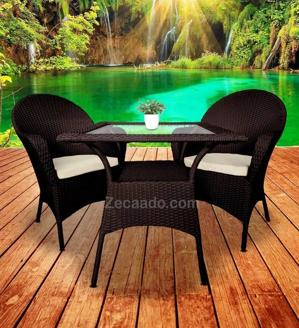 Zecado Pristine 2 Seater Wicker Lawn Chair Set in Brown Corduroy Finish with Off-White Cushions - Brown, Off-White