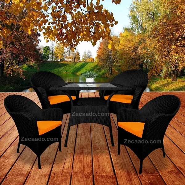 Zecado Pristine 4 Seater Wicker Lawn Chair Set in Black Corduroy Finish with Off-White Cushions - Black, Orange